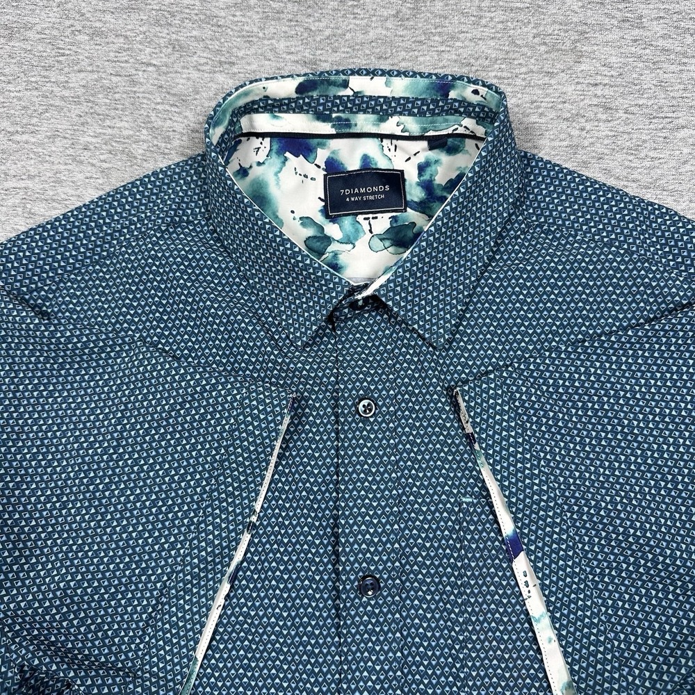 7 Diamonds Shirt Mens Medium Blue Geo 4 Way Stretch Performance Button Up City